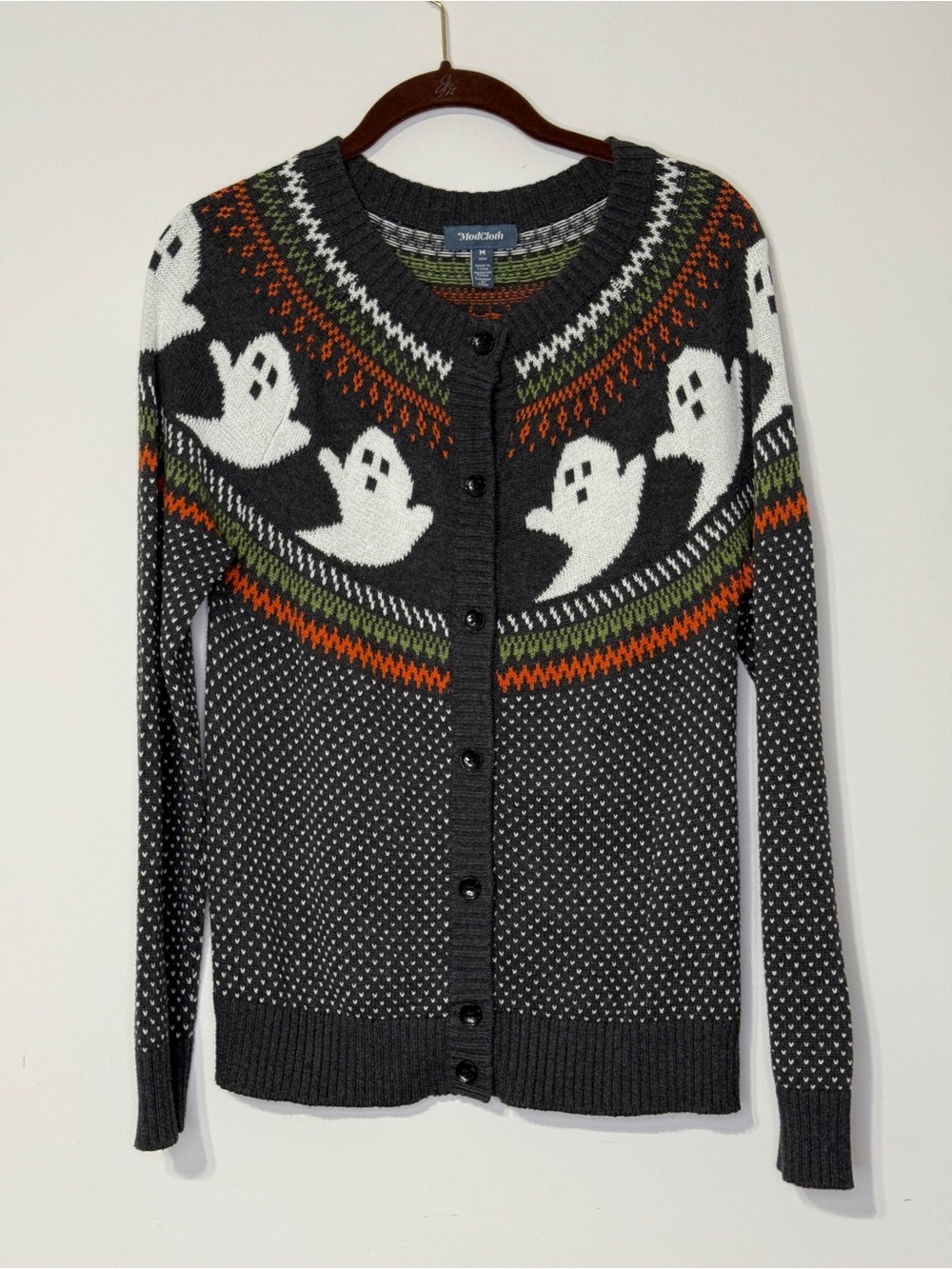 ModCloth Halloween Ghost Fair Isle Cardigan Sweater Medium